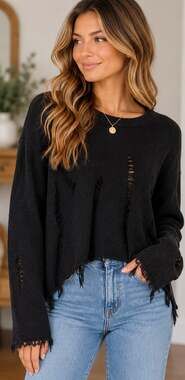 Umgee Black Distressed Oversized Boho Grunge Sweater Size Small
